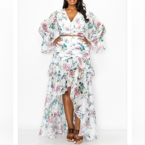 Floral two piece set, long puff sleeve top, and flowy maxi skirt. - Picture 3 of 9